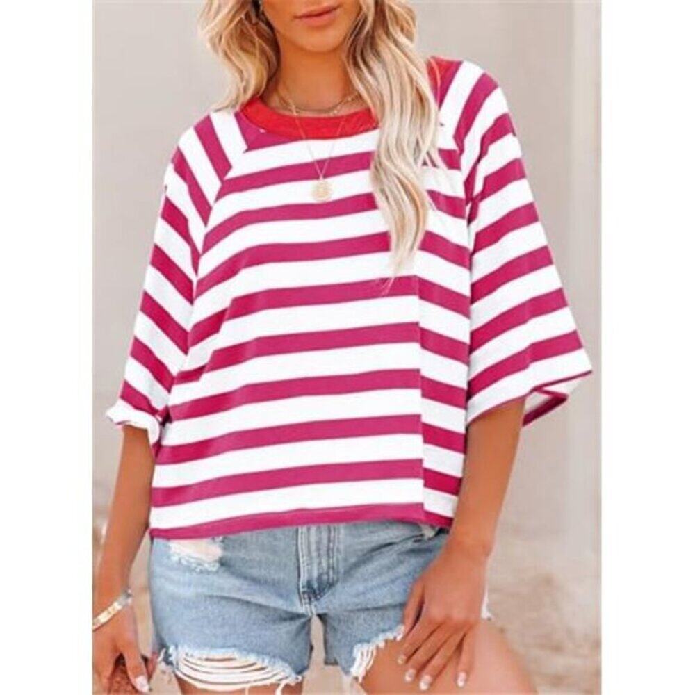 Striped Color Block Top Red and White With Red Neck Casual Tee